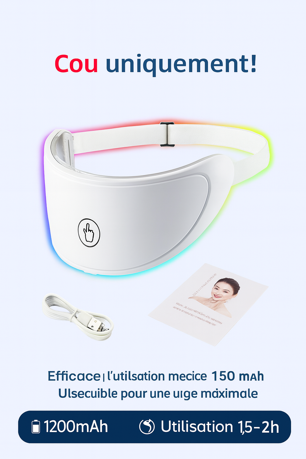 Masque LED 7 Couleurs Sans Fil – Photothérapie Visage & Cou pour Anti-Âge, Éclat et Raffermissement de la Peau