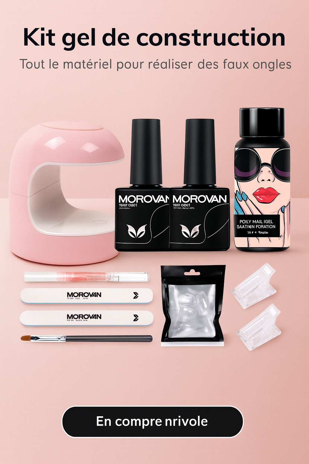 Kit Poly Nail Gel Débutant – Mini Lampe UV, Base & Top Coat, Outils Manucure Complets