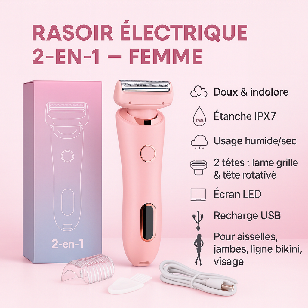 Rasoir Électrique Femme 2 en 1 – Tondeuse Bikini & Visage | Épilation Douce Corps & Aisselles Étanche IPX7