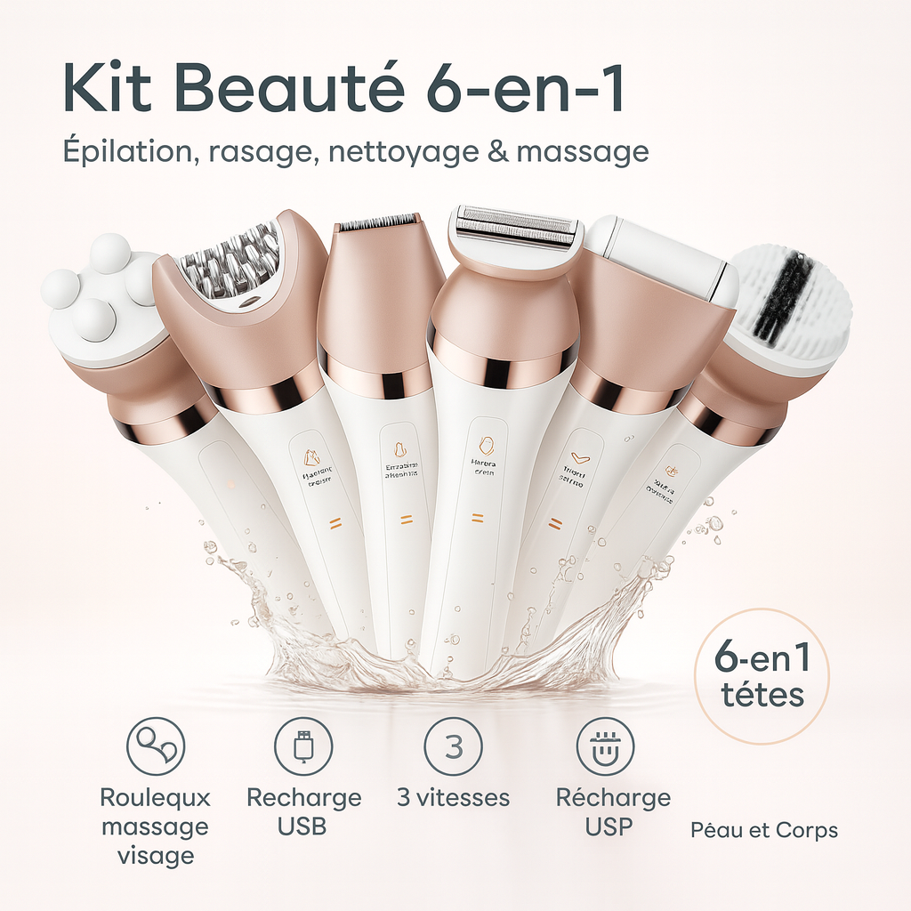 Épilateur Femme 6 en 1 Rechargeable – Rasoir Électrique Corps, Jambes, Visage & Aisselles | Étanche IPX7