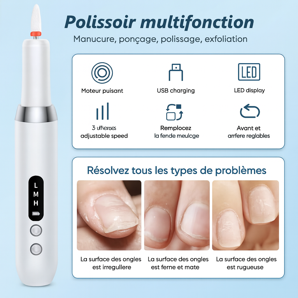 Ponceuse Électrique à Ongles Professionnelle – Polissage, Limage et Retrait de Peaux Mortes avec Embouts Multiples