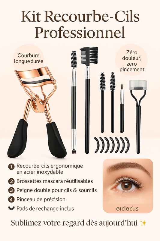 Kit Recourbe-Cils Professionnel 11/16 pièces – Pads de Remplacement, Pinceaux & Pinces à Épiler – Pour des Cils Longs et Courbés Toute la Journée
