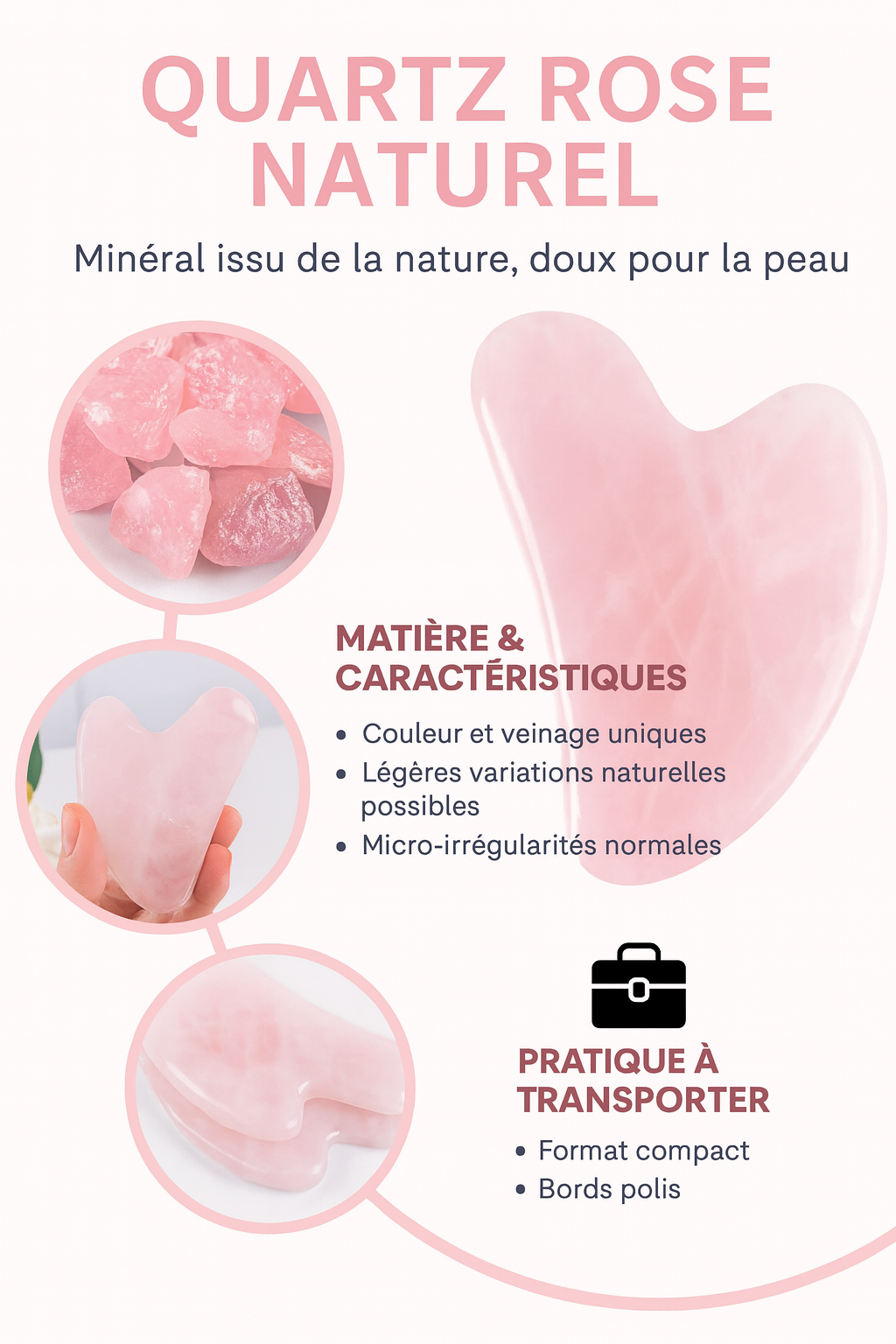 Gua Sha Visage en Quartz Rose Naturel – Massage Lifting, Anti-Âge & Drainage Lymphatique