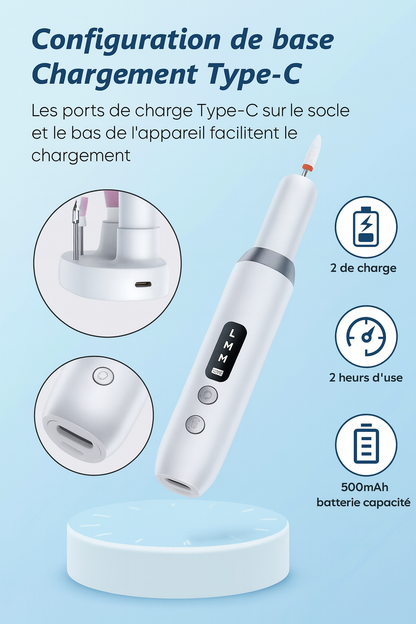 Ponceuse Électrique à Ongles Professionnelle – Polissage, Limage et Retrait de Peaux Mortes avec Embouts Multiples