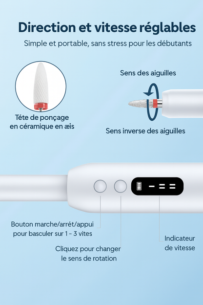 Ponceuse Électrique à Ongles Professionnelle – Polissage, Limage et Retrait de Peaux Mortes avec Embouts Multiples